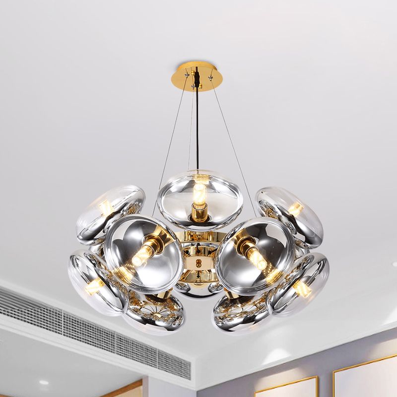 12-Light Round Shade Chandelier Modern Clear Glass Cord Hanging Light in Gold/Silver