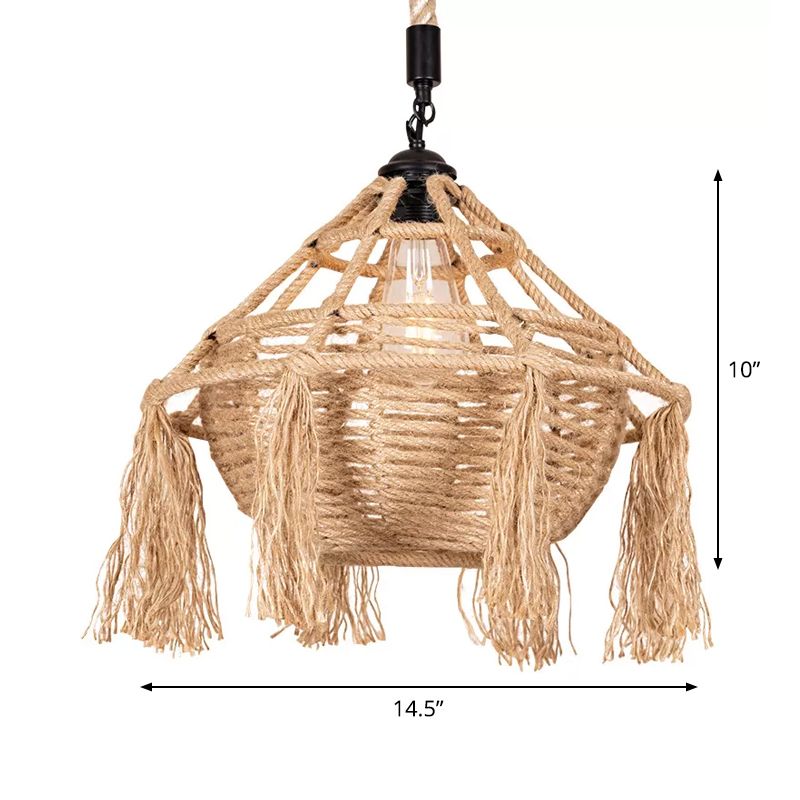 Brown Droplet Shaped Hanging Pendant Countryside Rope 1 Head Restaurant Ceiling Light with Tassel