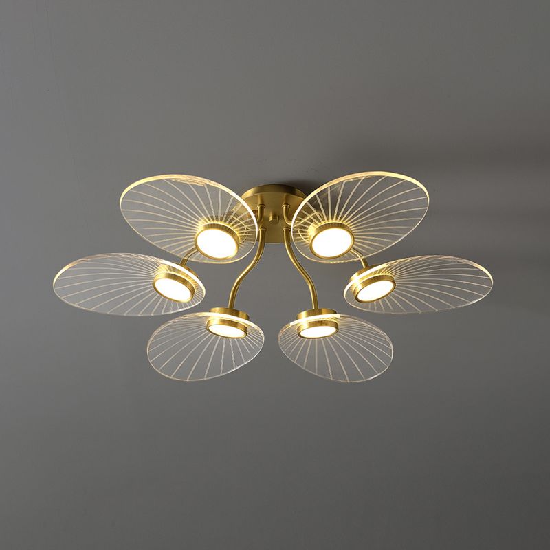 6 Heads Bedroom Semi Flush Light Modern Brass Flush Ceiling Lamp Fixture with Leaf Acrylic Shade