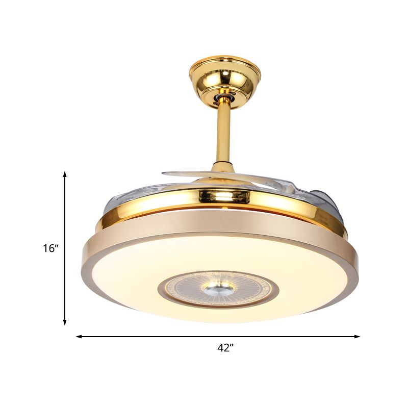 Circle Bedroom Semi Flush Mount Minimalist Metal LED Gold Hanging Fan Lighting with 4 Clear Blades, 36"/42" Width