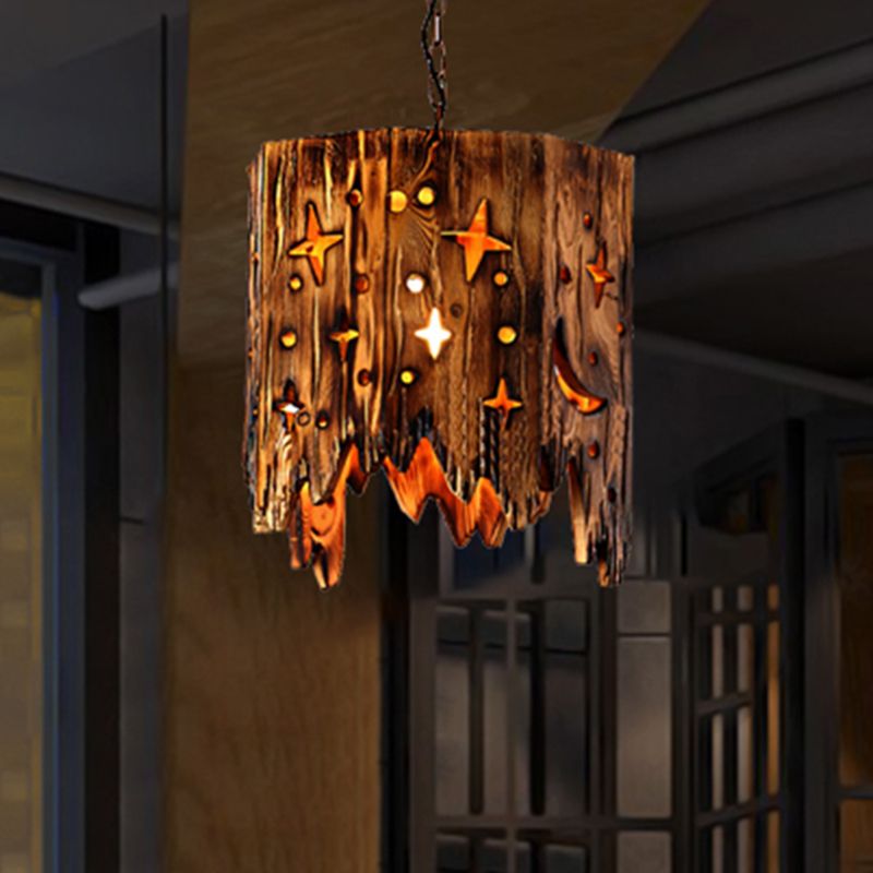 Vintage Cylinder Hanging Ceiling Light 1 Light Wood Pendant Lighting in Bronze with Etched Star