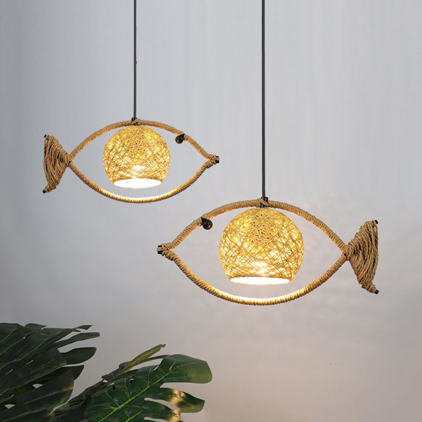 1/2/3-Light Fish Shaped Pendant Lighting Rustic Bine Single Head Hanging Lamp in Beige