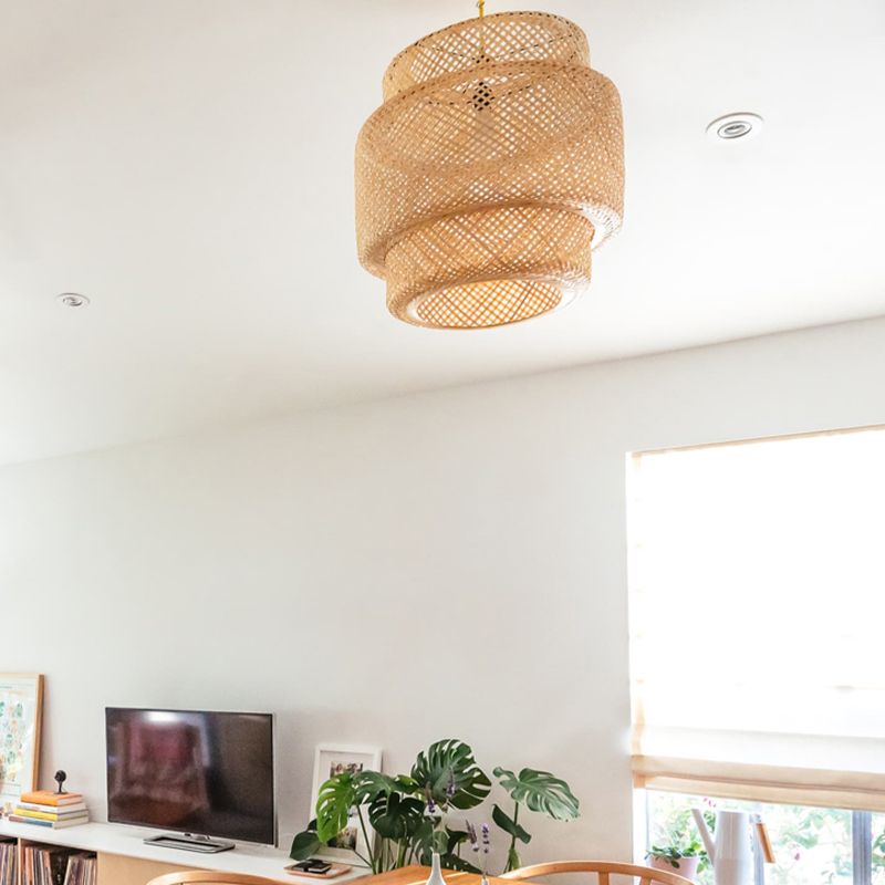 Nórdico Ligera colgante de tejido Bambú Lámpara de suspensión de techo de comedor de 1 luces