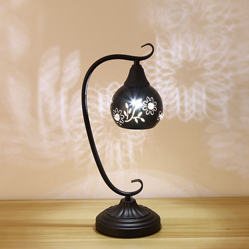 Metal Orb Night Light Minimalism LED Black Night Table Lamp with Hollow-Out Flower Design