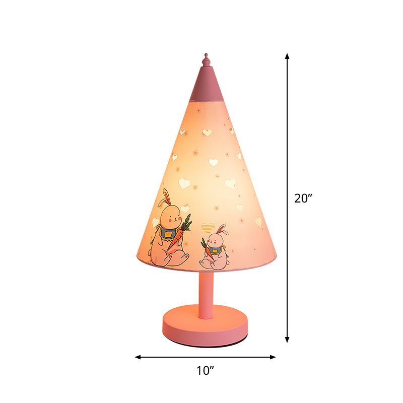 Cone Fabric Nightstand Light Kids 1 Bulb Pink Night Table Lamp with Rabbit Pattern and Cutout Design