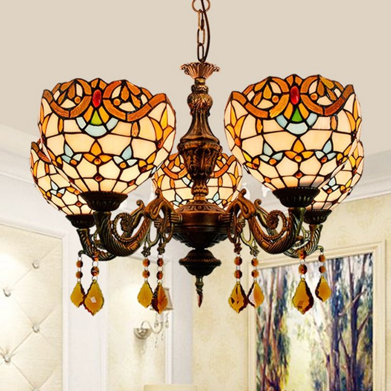 Lustre en forme de bol victorien vitrail 5 lumières 5 lumières lustre décorative avec cristal en beige