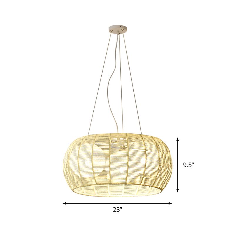 Bamboo Rattan Drum Pendant Chandelier Asian 3 Lights Hanging Ceiling Lamp in Beige for Restaurant