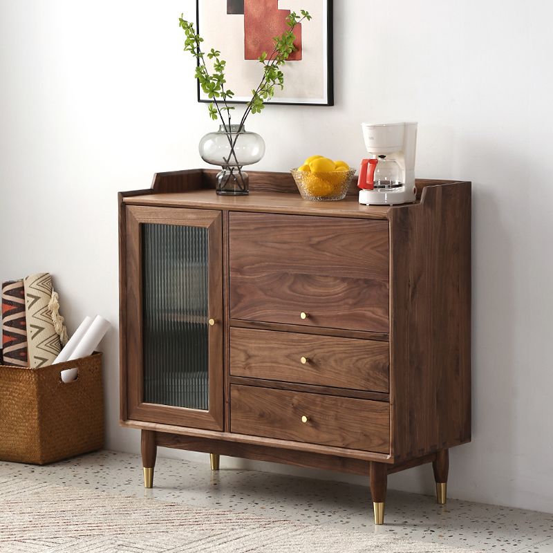 Modern Solid Wood Glass Doors Sideboard Cabinet with Cabinets and Drawers