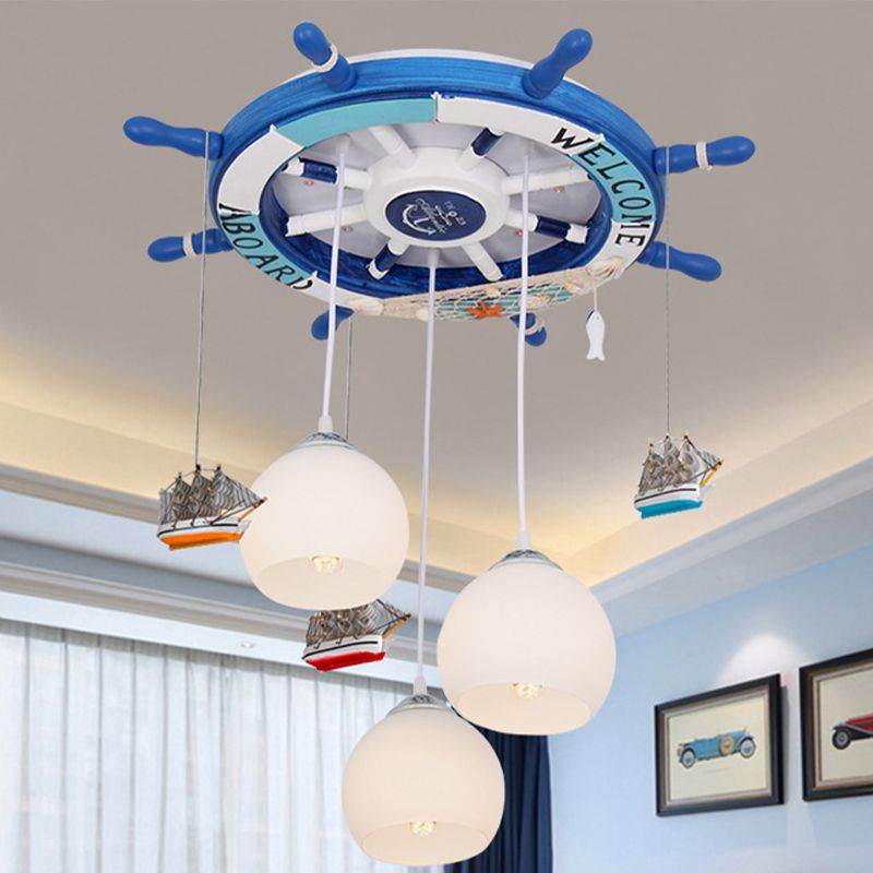 Cream Glass Rudder Cluster Pendant Kids 3-Bulb Light/Dark Blue Hanging Ceiling Light for Living Room