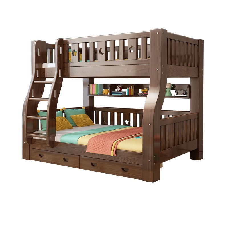 Traditional Brown Bunk Bed with Drawers and Shelves in Solid Wood