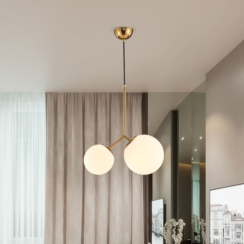 Gold Spherical Chandelier Light Modernity 2 Bulbs Milky Glass Suspension Pendant for Dining Room