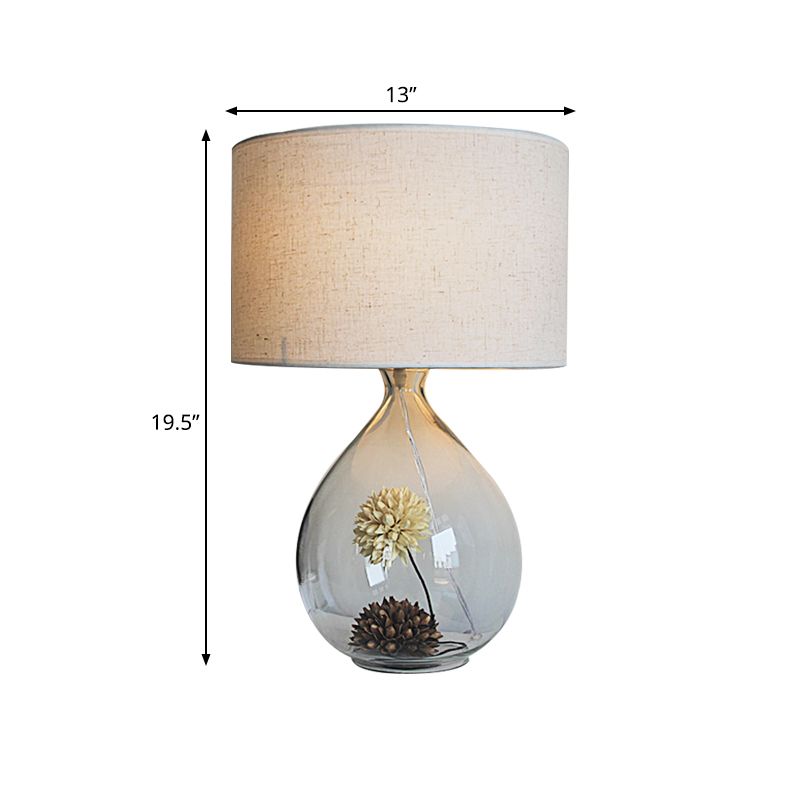 Drum Restaurant Table Light Pastoral Fabric 1-Head Cream Gray Night Lamp with Clear Glass Base and Dried Flower