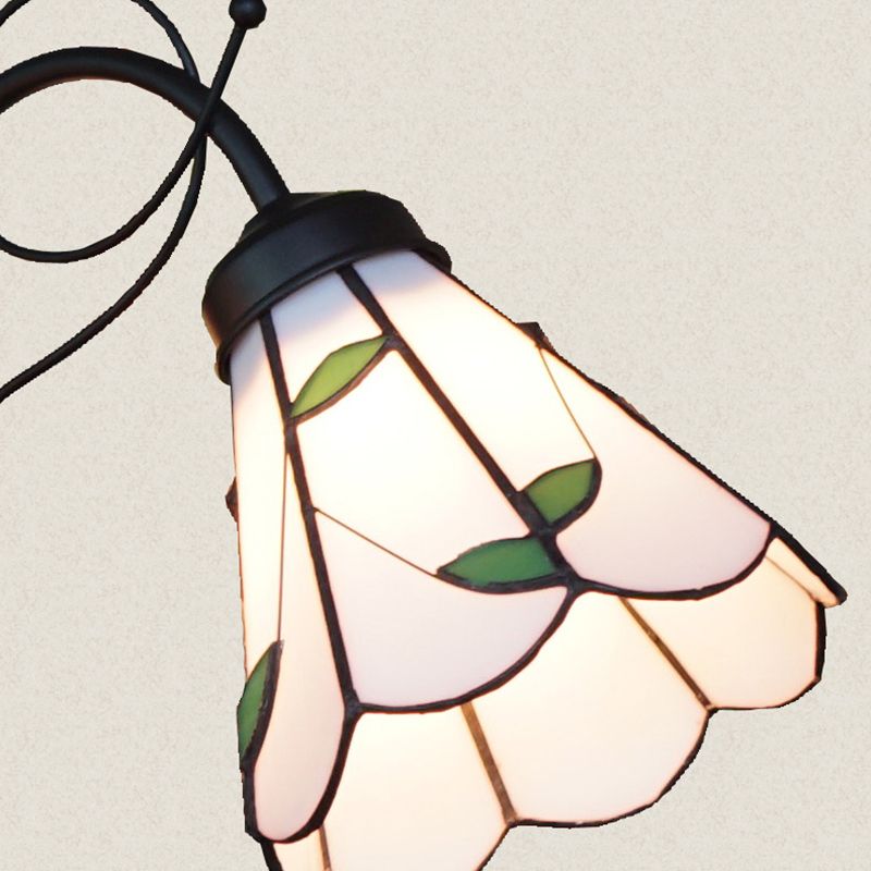 Beige Glass Cone Hanging Light with Leaf Traditional 3 Light Ceiling Chandelier for Living Room