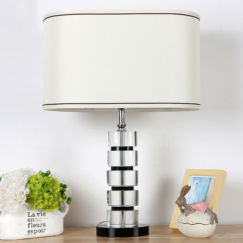 Oblong Crystal Task Lighting Contemporary Fabric 1 Bulb Night Table Lamp in White