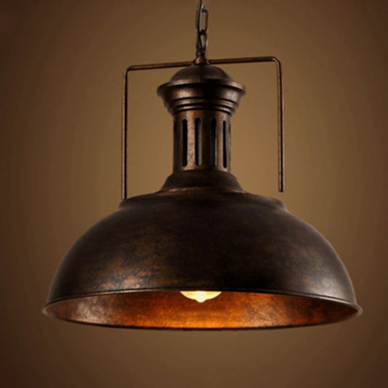 Metallic Pot Cover Pendant Light Antique 1-Light Restaurant Hanging Light Fixture