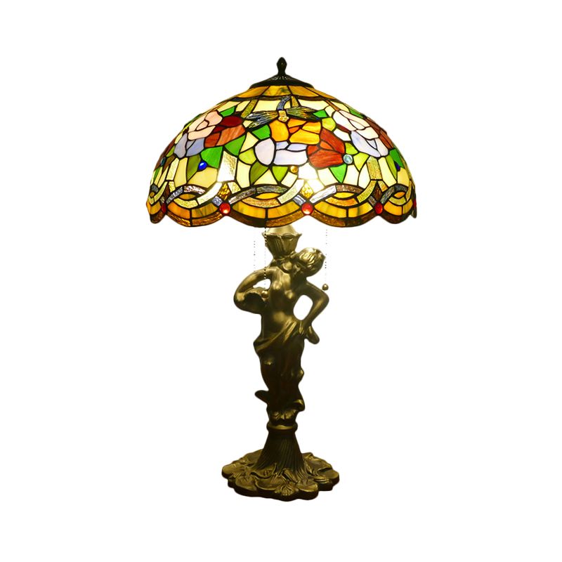 3 Heads Bell/Scalloped Night Lighting Baroque Gold Stained Glass Flower Patterned Task Lamp with Resin Naked Woman