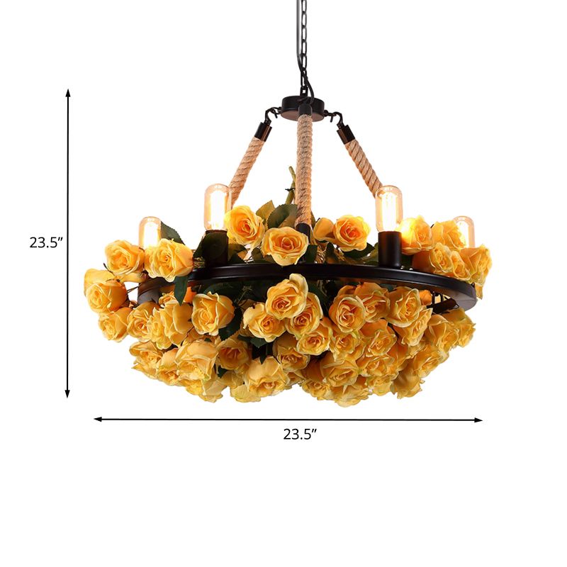 Circle Metal Ceiling Chandelier Loft Style 6 Bulbs Rope Pendant Lighting Fixture with Yellow Rose and Open Bulb Design