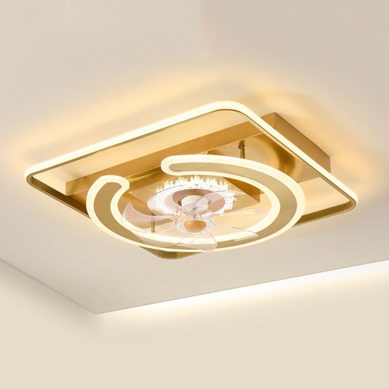 Contemporary LED Ceiling Fan - Brass / White Square Fan Light