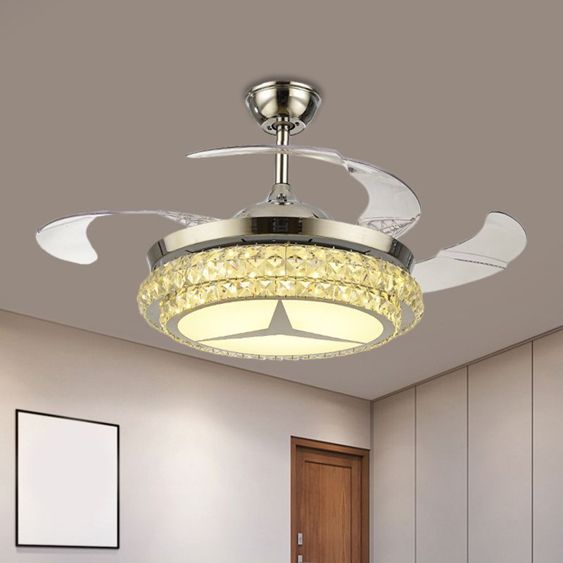 Crystal Block Round Ceiling Fan Lamp Simple 19" W LED Gold Semi Mount Lighting with Star/Floral Design, 4 Blades