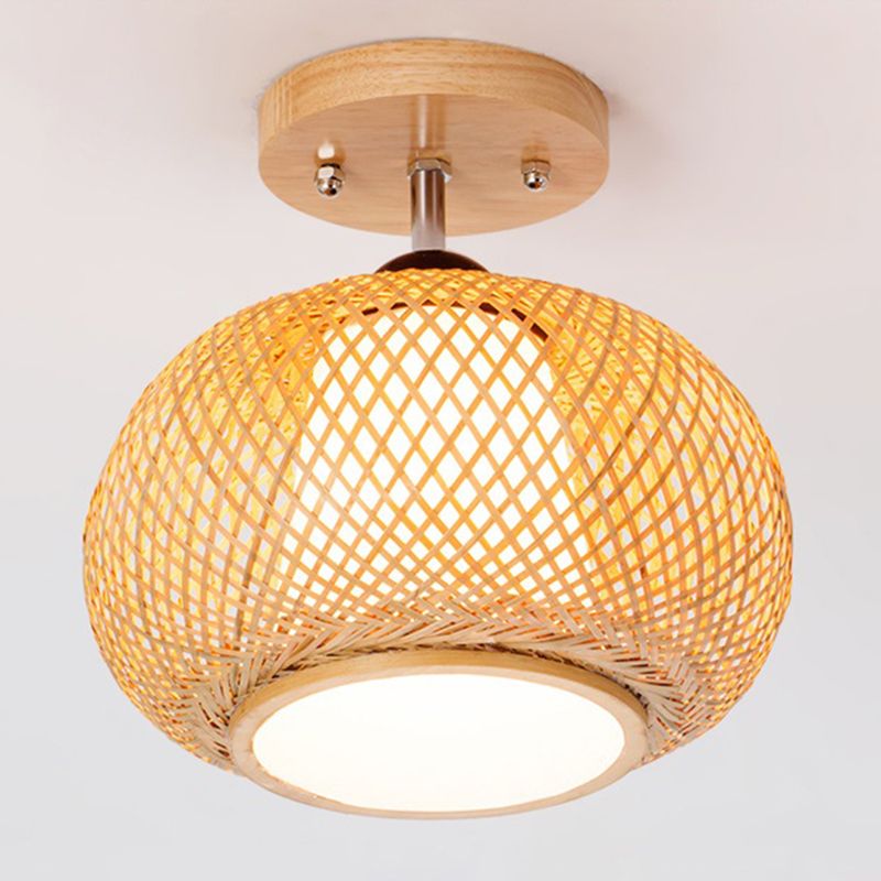 Globe Semi Flush Mount Japanese Rattan Ceiling Mount Chandelier for Bedroom