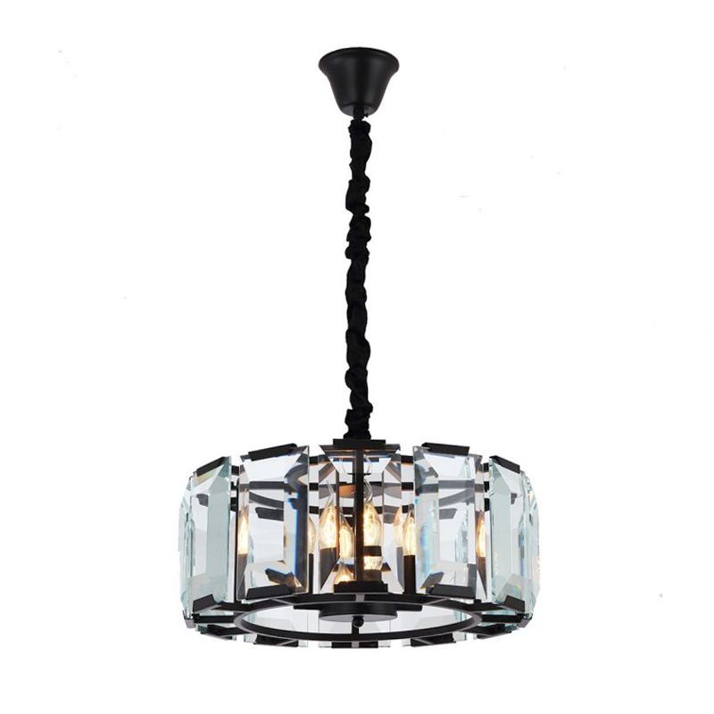 Drum Ceiling Light Fixture Antique Style Crystal Block 4 Lights Black Chandelier Light for Bedroom