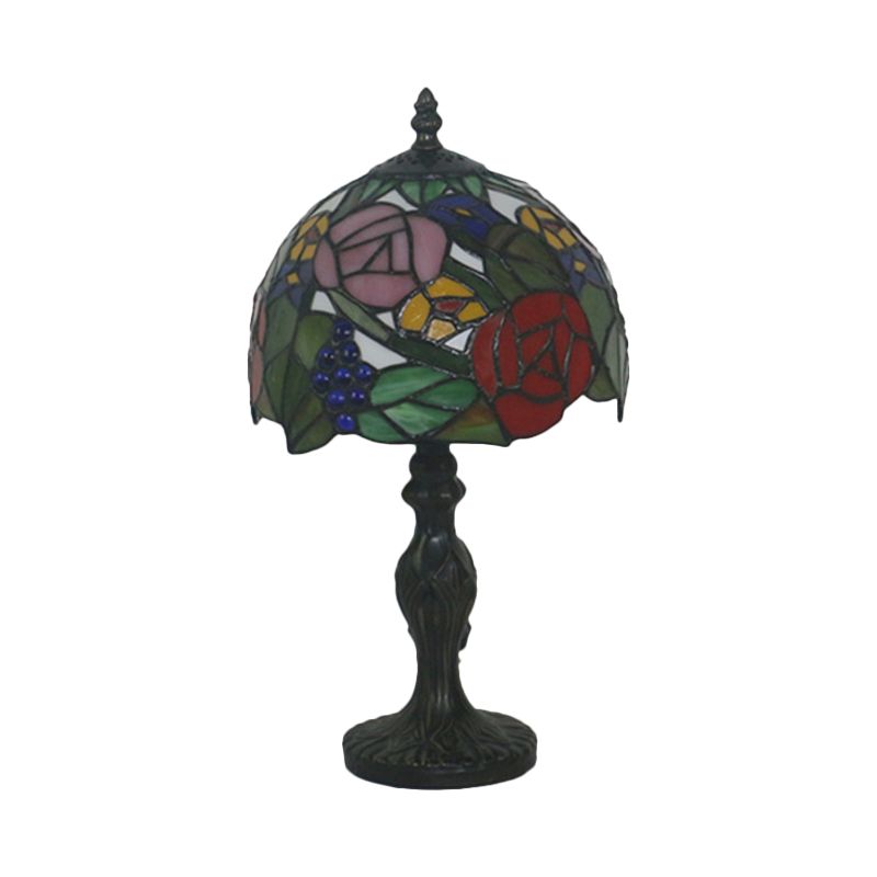 1-Light Domed Night Lighting Tiffany Style Bronze Stained Art Glass Rose Patterned Desk Light