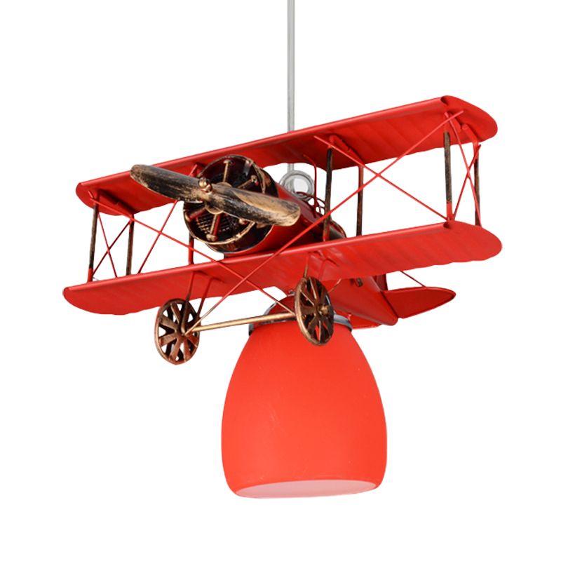 Wright Flyer Aircraft Suspension Light Kids Metal 1 Head Red/Blue/Yellow Pendant Lighting with Bottom Dome Colored Glass Shade