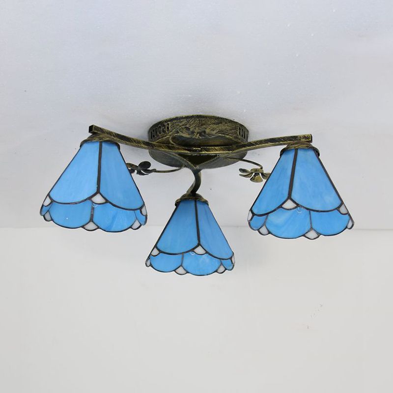 Blue Glass Cone Ceiling Light Tiffany Style 5/3 Lights Semi Flush Light with Flower for Living Room