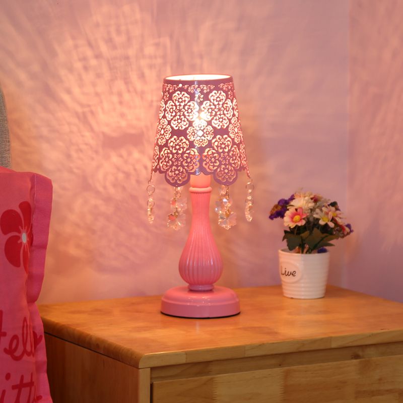 Modern Cutout Cone Night Lamp Iron 1 Light Table Lighting in Pink with Snowflake Crystal Accent