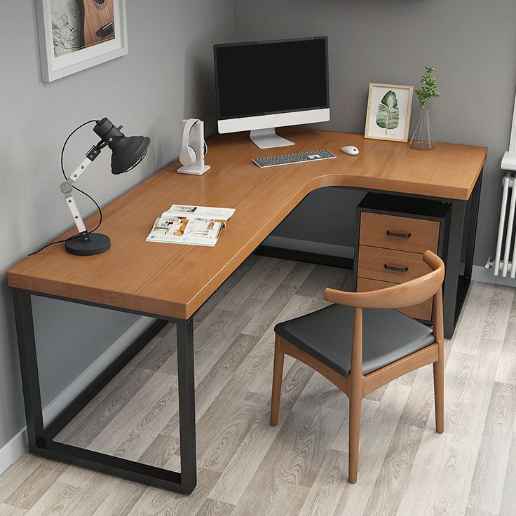 Brown Contemporary Corner Writing Desk Pine Wood Desktop Black H-Shape Base Desk