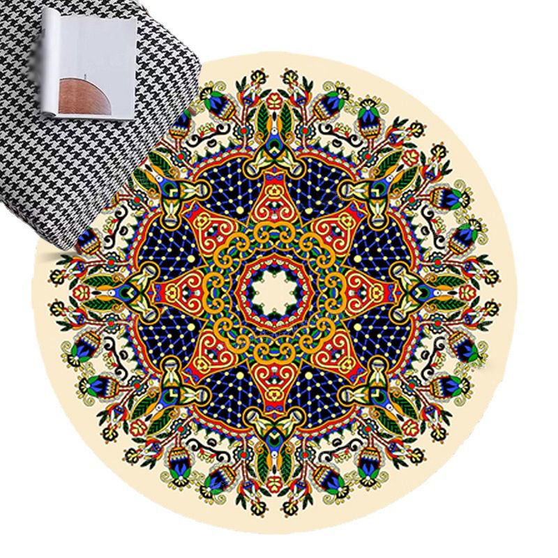 Round Moroccan Indoor Rug Polyester Floral Print Carpet Non-Slip Backing Rug for Home Decoration