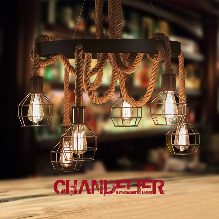 Black Wire Cage Wagon Wheel Chandelier Lights Antique Industrial Hemp Rope Restaurant Drop Lamp