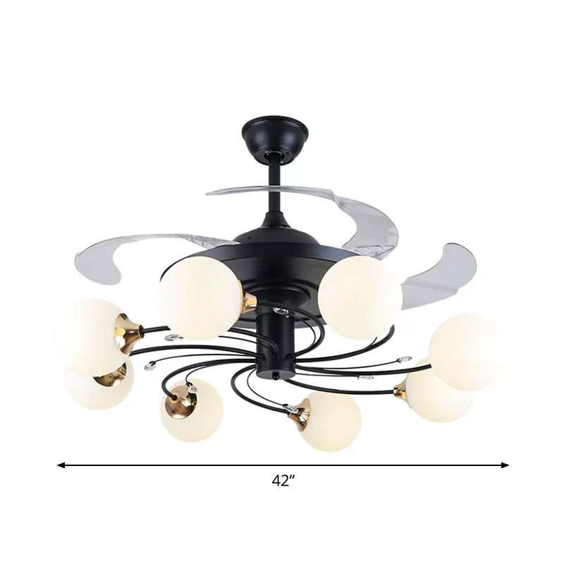 Global Semi Flush Minimalist White Glass 8 Lights Living Room Hanging Fan Light Fixture in Black, 42" Wide