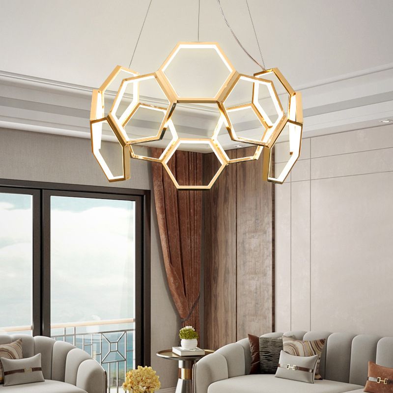 Gold Honeycomb Chandelier Postmodern Minimalist LED Metal Hanging Light for Living Room