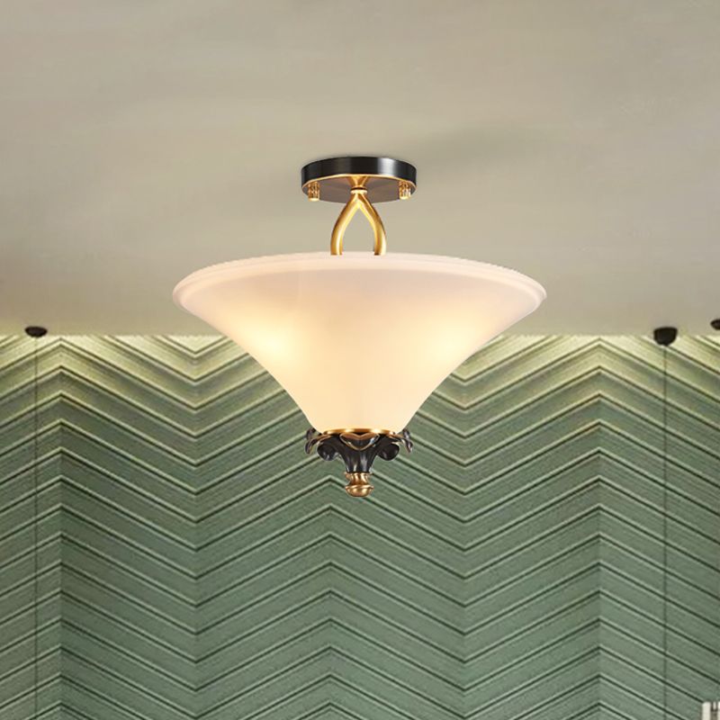 Horn Shape White Glass Semi Flush Lamp Country Style 3 Lights Bedroom Flush Ceiling Light in Brass