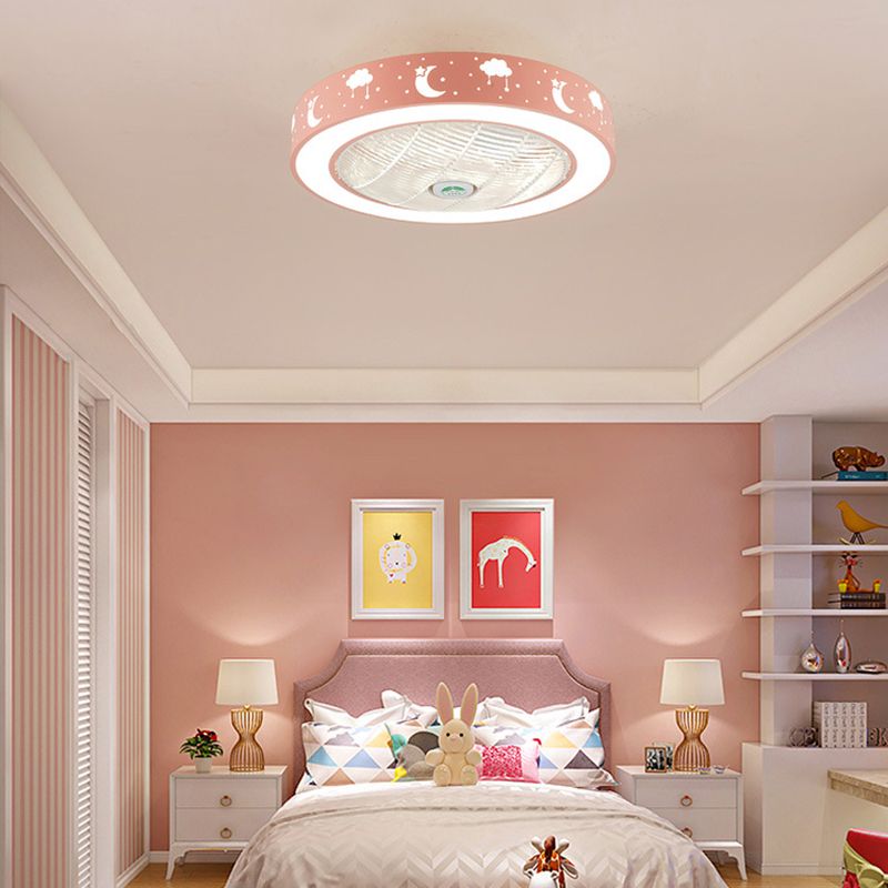 Macaron Hollowed-out Ceiling Fan Light Metal Bedroom LED Semi Flush Mount Lighting Fixture