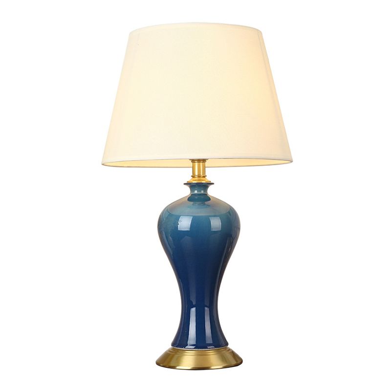 Modern Empire Shade Night Light Fabric 1-Light Bedside Table Lamp with Pottery Base in Blue