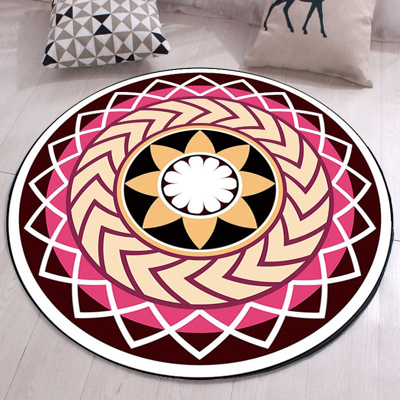 Moroccan Floral Pattern Rug with Moon Black and Red Polyester Rug Washable Pet Friendly Non-Slip Area Rug for Living Room