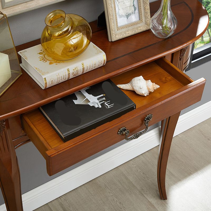 Brown Rubbered Wood Console Table Solid Wood Accent Table with Drawer for Hall