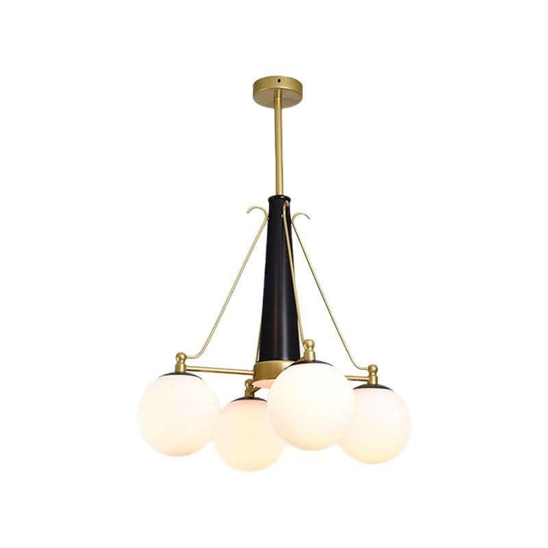 Sphere Frosted White Glass Pendant Modernism 4 Heads Brass and Black Hanging Chandelier