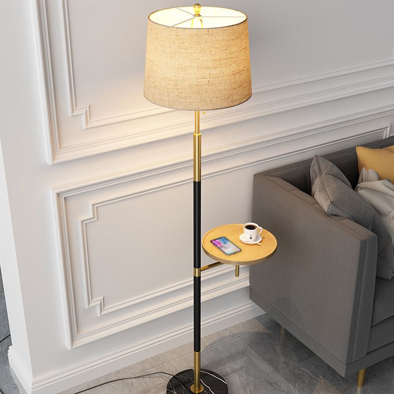 Fabric Empire Shade Floor Lamp Traditional Single Living Room Pull Chain Standing Light with Wooden Tray in Gold-Black