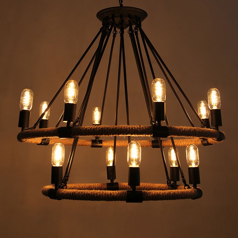 Circular Living Room Chandelier Lighting Industrial Style Rope Black Hanging Chandelier Light