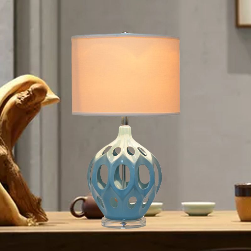 Blue Hollowed Out Night Light Traditional Ceramic Single Living Room Table Lamp with Cylindrical Fabric Shade