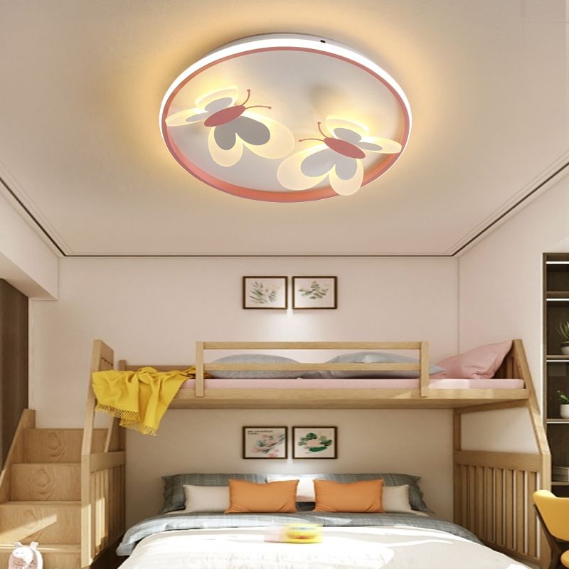 Kids Style 3 / 4 - Light Flush Metal in Pink Finish Ceiling Flush with Butterfly Accent