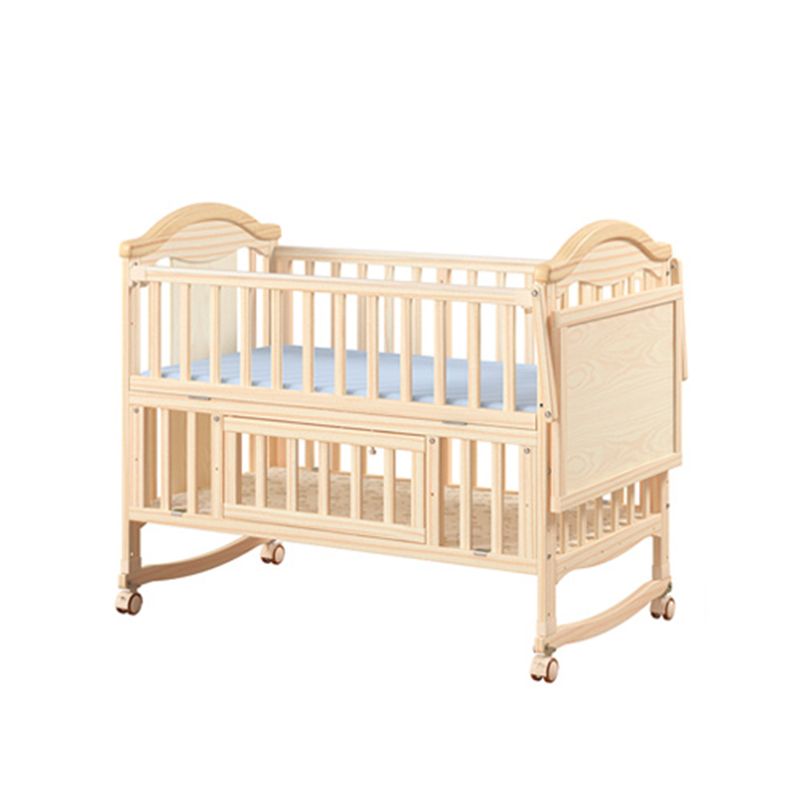 Contemporary 3-in-1 Natural Solid Wood Convertible Baby Bed with Wheels