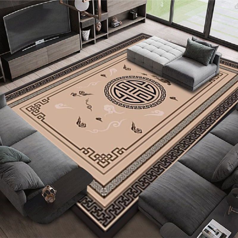 Brown Oriental Rug Polyester Graphic Area Rug Non-Slip Backing Indoor Rug for Drawing Room