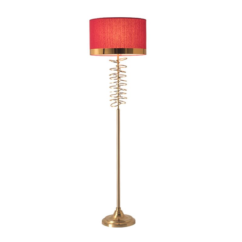 Fabric White/Red Floor Light Drum Single Head Antique Stand Up Lamp with Rings Deco for Parlor