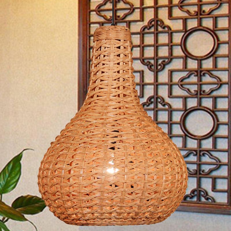 1 Head Hand-Worked Pendant Light Japanese Rattan Suspended Lighting Fixture in Beige