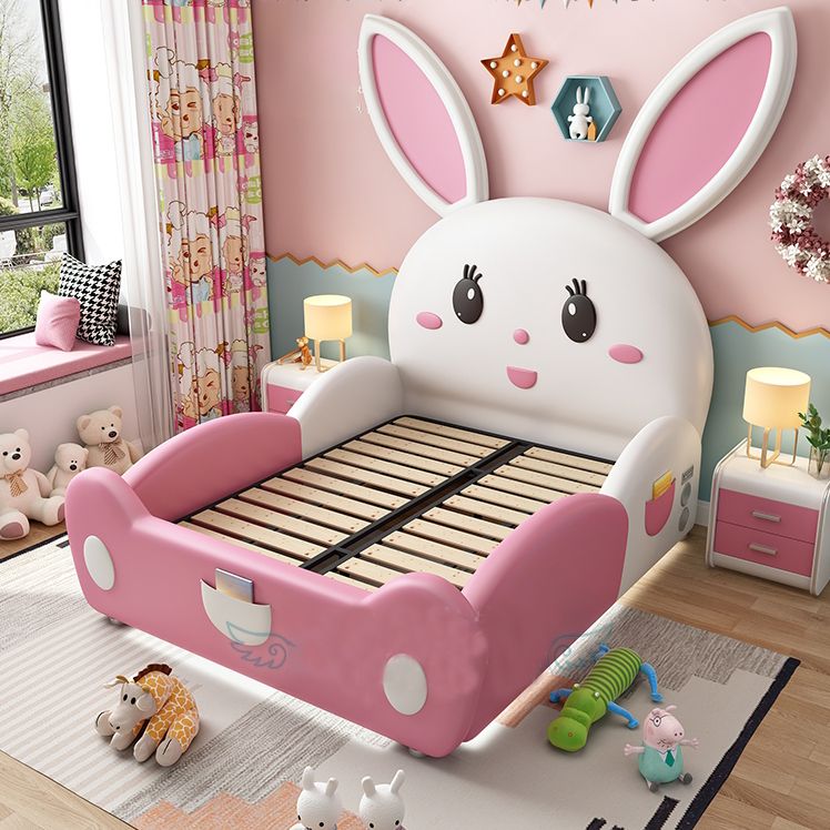 Solid Wood Animals Panel Bed Scandinavian Upholstered Bed in Pink and White