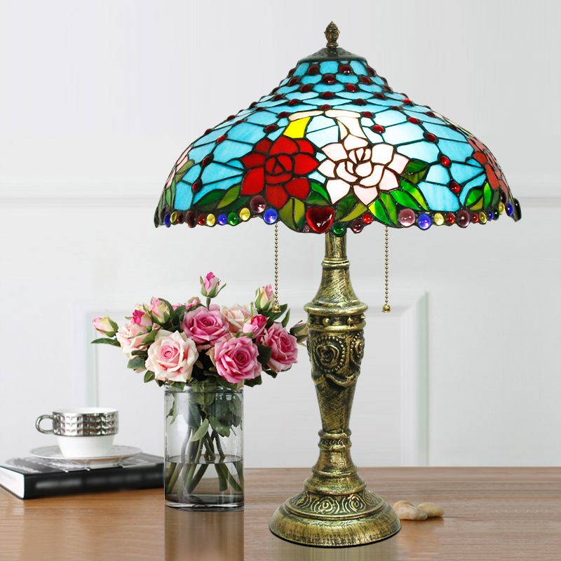 Stained Glass Blue Table Lighting Rose Pattern 3 Heads Tiffany Nightstand Lamp with Pull Chain